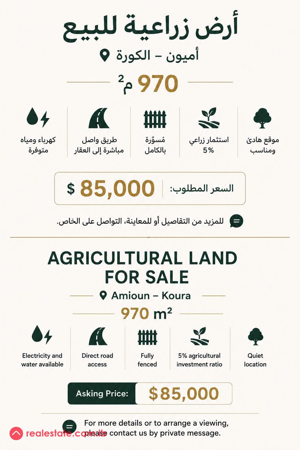 Agricultural Land for Sale in Amioun – Koura | 970 m²